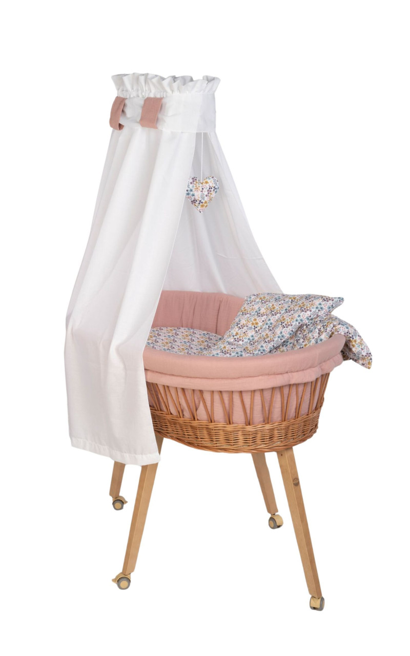 Babybett Lounge mit Bettwäsche natur, Bunter Blumengarten rosa