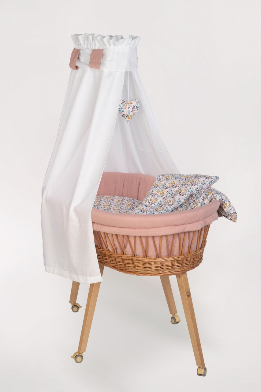 Babybett Lounge mit Bettwäsche natur, Bunter Blumengarten rosa